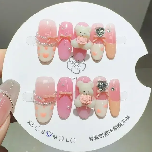

10PCS Sweet Handmade 3D Bear Bow False Nails Pink Blush French Nail Art with Heart Pearl Diamonds Medium Oval Wearable Press On