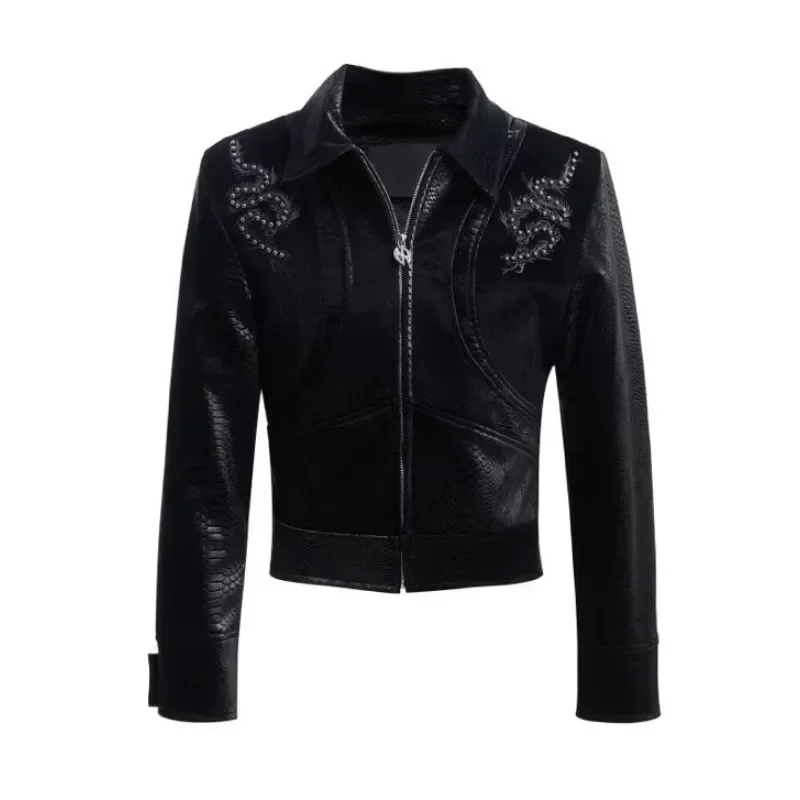 2025 New Men's Pu Leather Patchwork Jacket Spine Snake Pattern Rivet Pu Jacket Autumn Street wear Fashion Tops Men Clothing