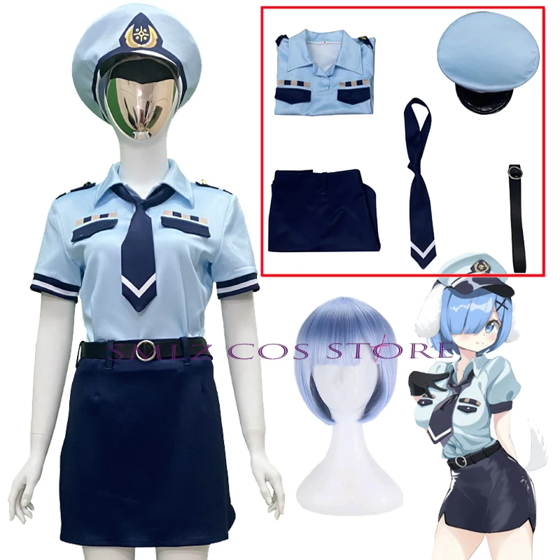 

Cosplay Anime Re:Life in a different world from zero Costume Sexy Police Rem Uniform Skirts Dress Hat Wig Party Outfit for Women