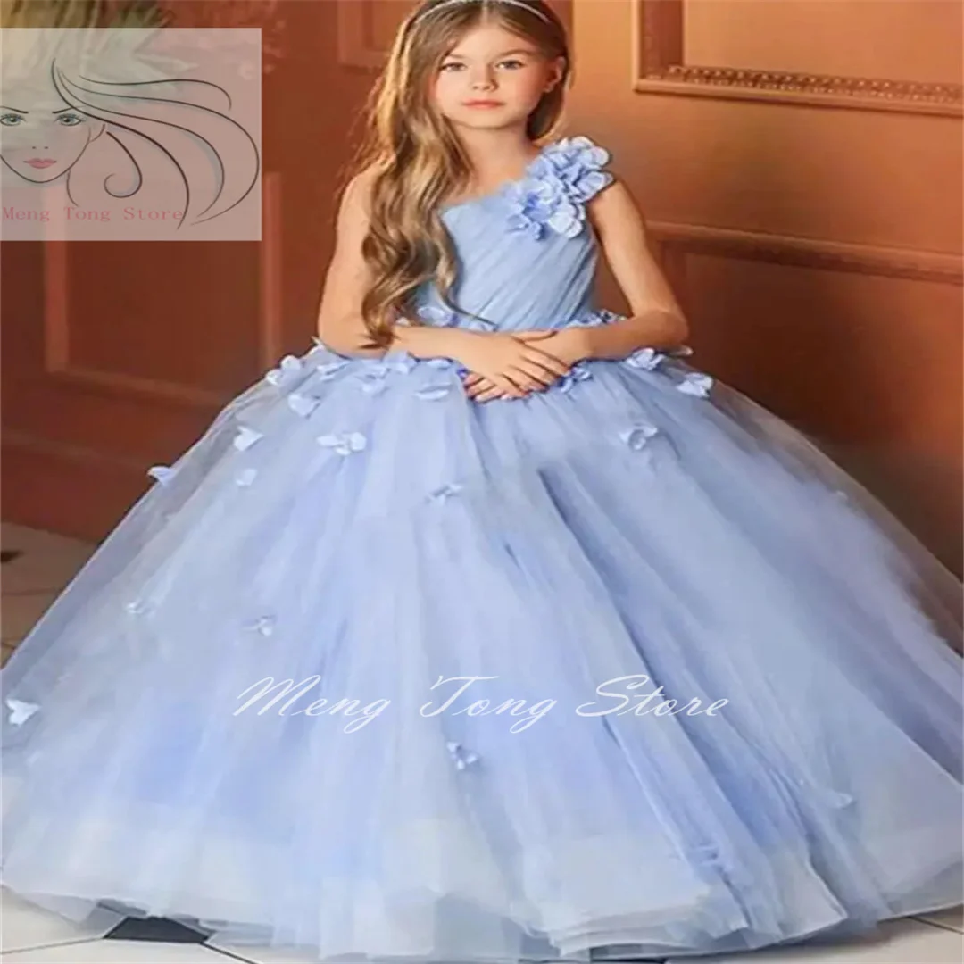 Vestidos hinchados de un hombro para niña, vestidos de flores con ajuste de flores, Princesa, fiesta de boda, primera comunión, vestidos de espectáculo de moda, azul cielo