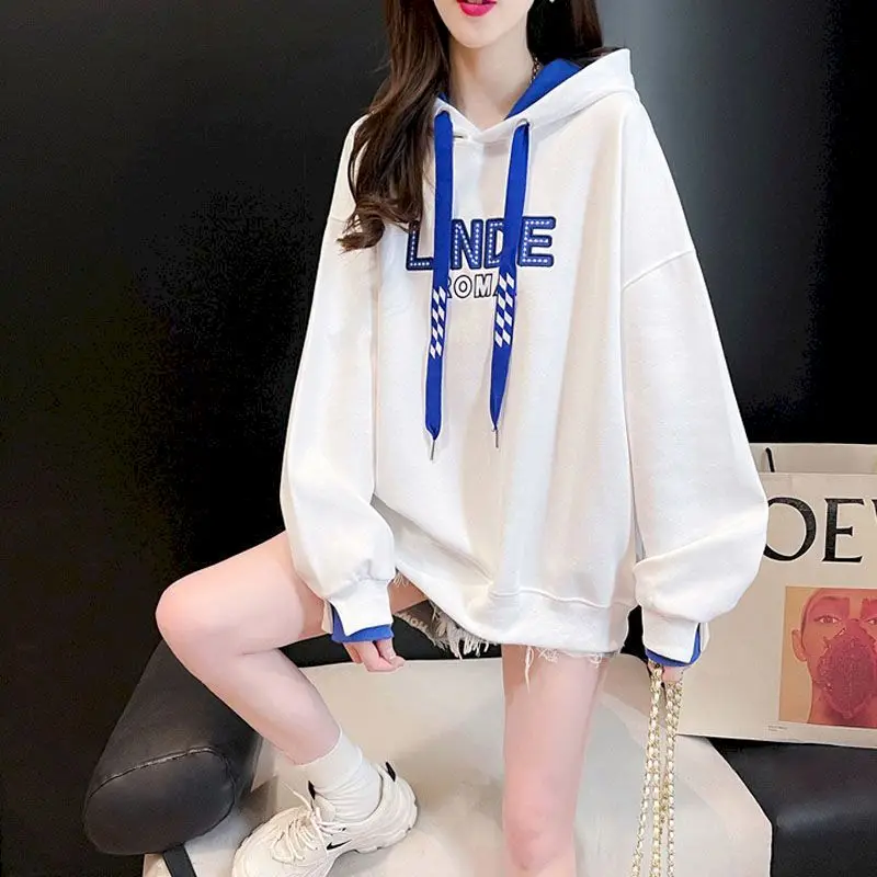 

Fashion Hoodies Women Loose Embroidery Fake Two-piece Hoodie Autumn Trendy Thin Hooded Coats Design Sense Korean Style Top Woman