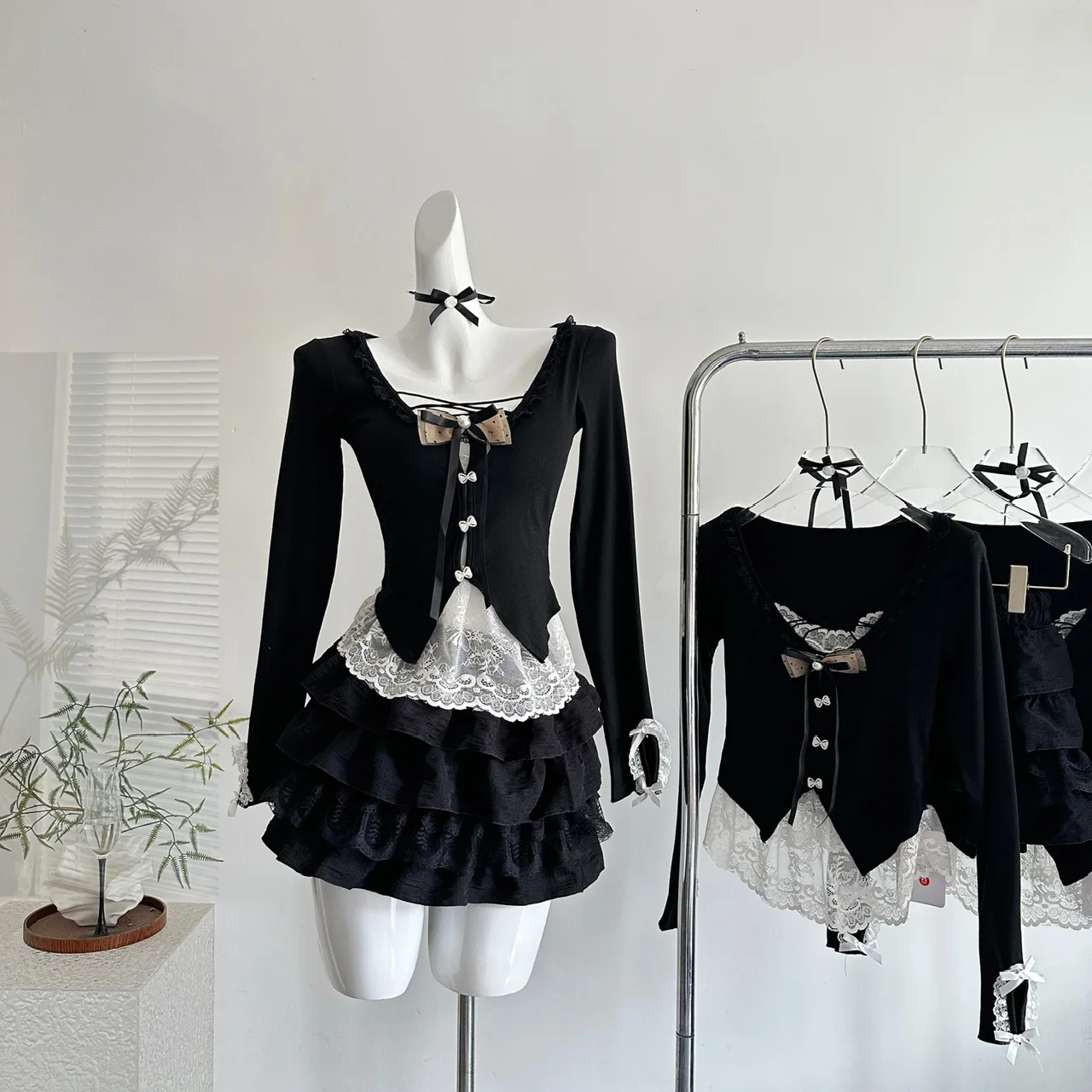 

Летний японский ретро High Street Y2K комплект из 2 предметов, женский топ с бантом из двух частей с длинными рукавами + мини-юбка-тортик, повседневный милый комплект