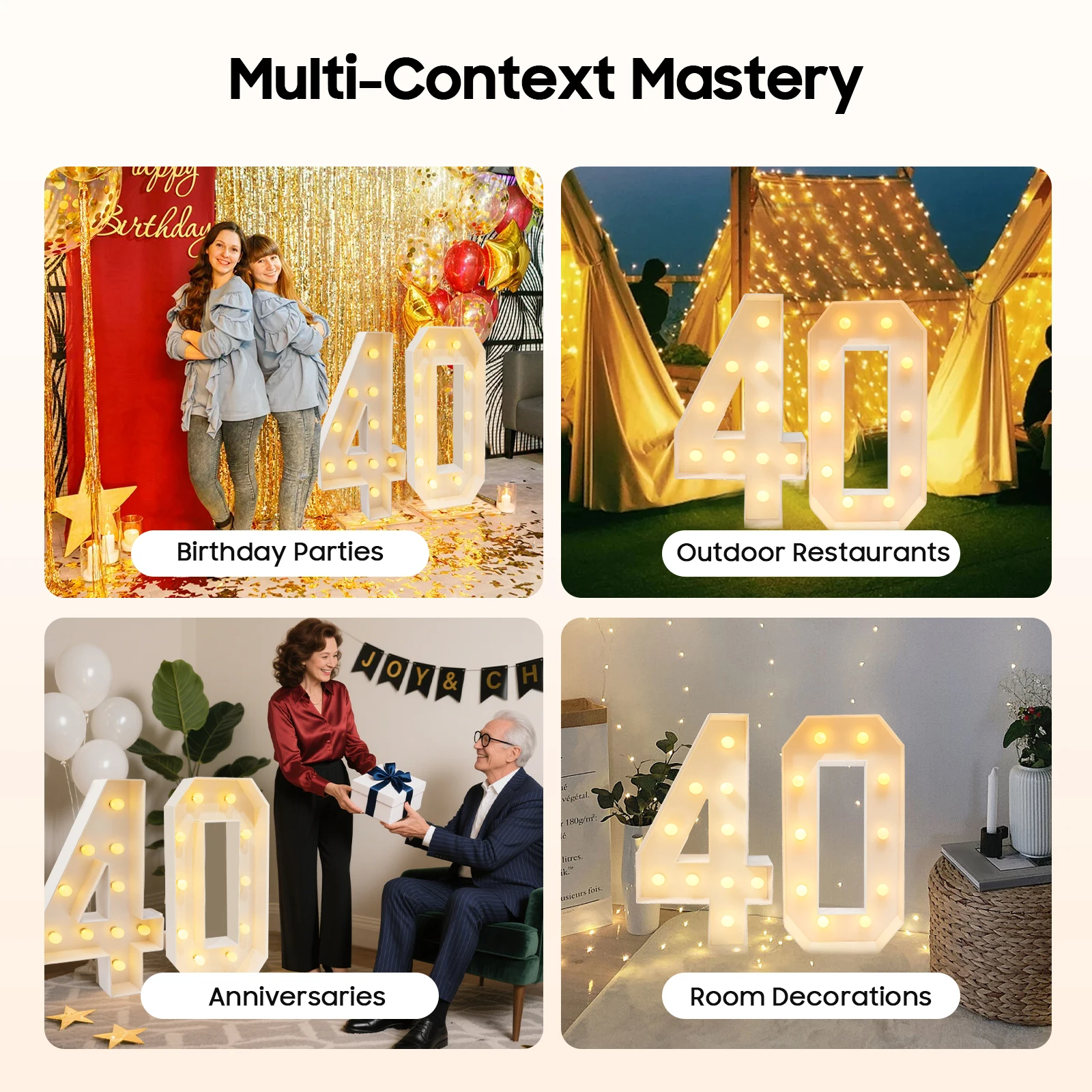40 Light Up Numbers,40th Birthday Party Decoration,KT board 20 LED bulbs Warm Color Backdrop Pre-Cut Frame Large for Celebration