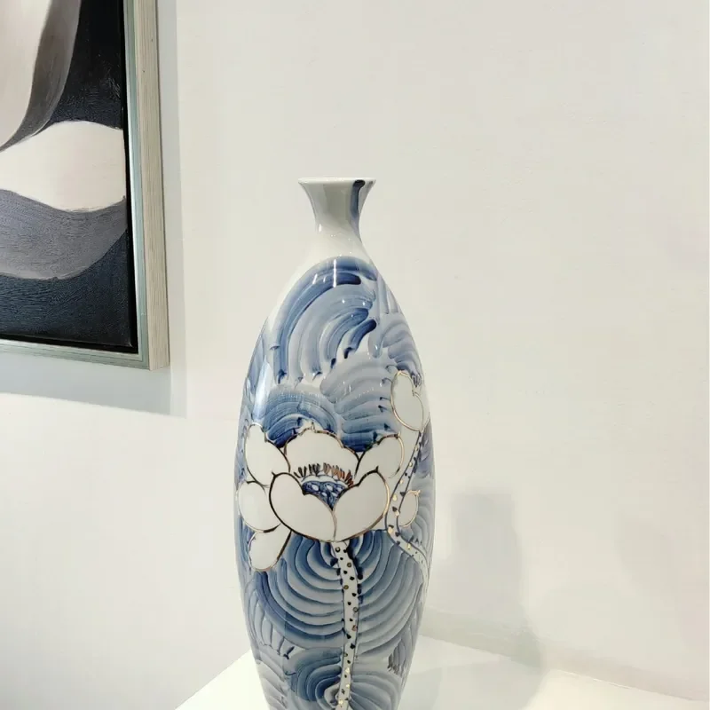 for Antique Hand Painted Blue and White Gold Porcelain Vase Chinese Style Living Room Decor Hydroponic Flower Arrangement