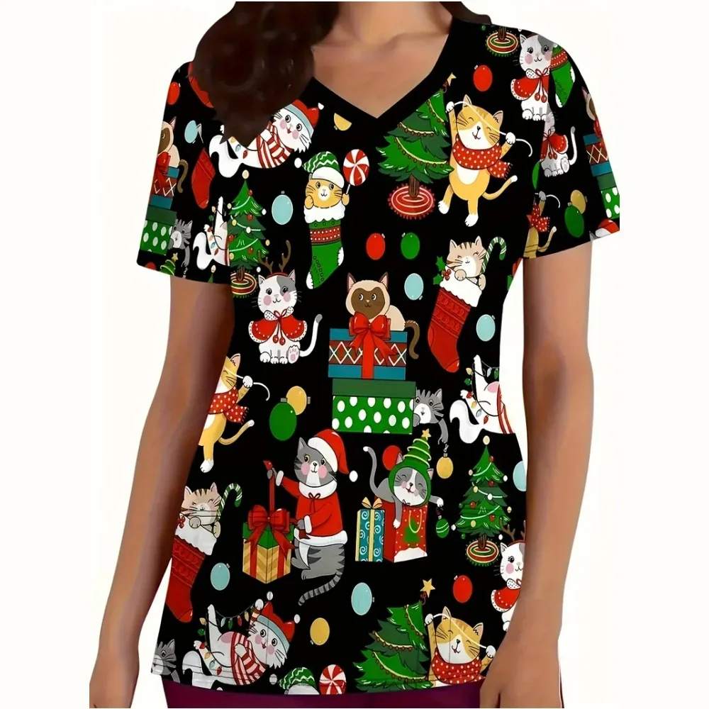 New Christmas Surgical Uniforms Woman Vet Dental Medical Uniform Microstretch V-Neck Short-Sleeve Tops Women's Medical Uniforms