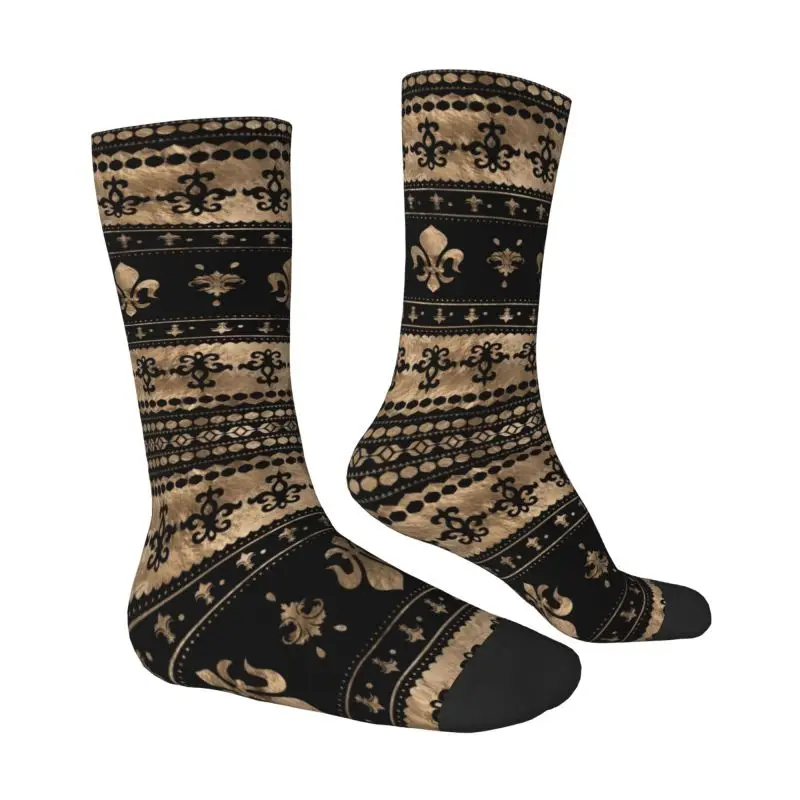 Black And Gold Fleur De Lis Men's Crew Socks Unisex Novelty Fleur-De-Lys Lily Flower Spring Summer Autumn Winter Dress Socks