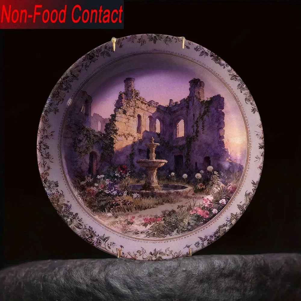 2D Flat, 1pc Vintage Castle Fountain Garden Ceramic Decorative Plate - Non-Food Contact Tabletop Art, Purple Twilight Design