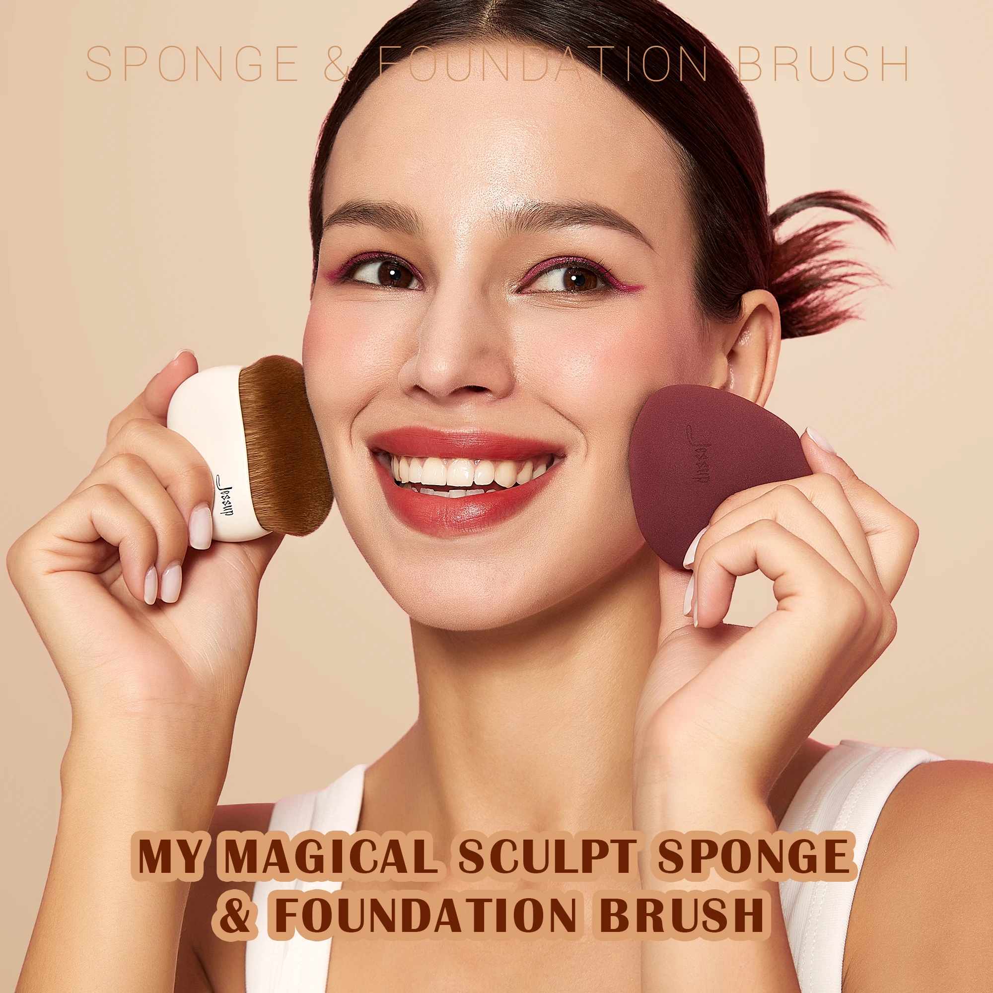 Jessup Makeup Brush Foundation Brush with Makeup Sponge,Contour Blush Concealer Highlight, T882