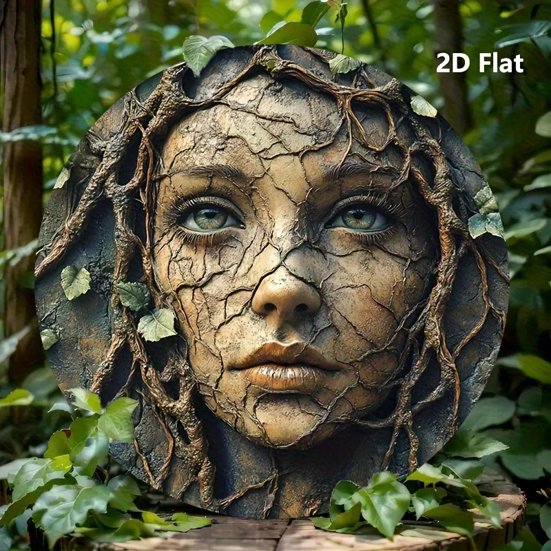 2D Flat, Vintage Aluminum Round Wall Art - Woman Face & Tree Roots Design Rustic Home Garden Decor, 8 Inch/20cm Hanging Ornament