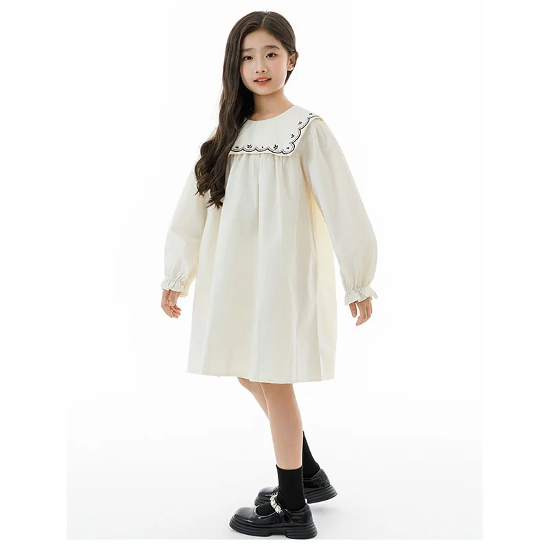 

School Fall Dresses For Girls New 2025 White Tween Spring Autumn Dress School Outfit Embroidered Collar Big Lapel White Clothes