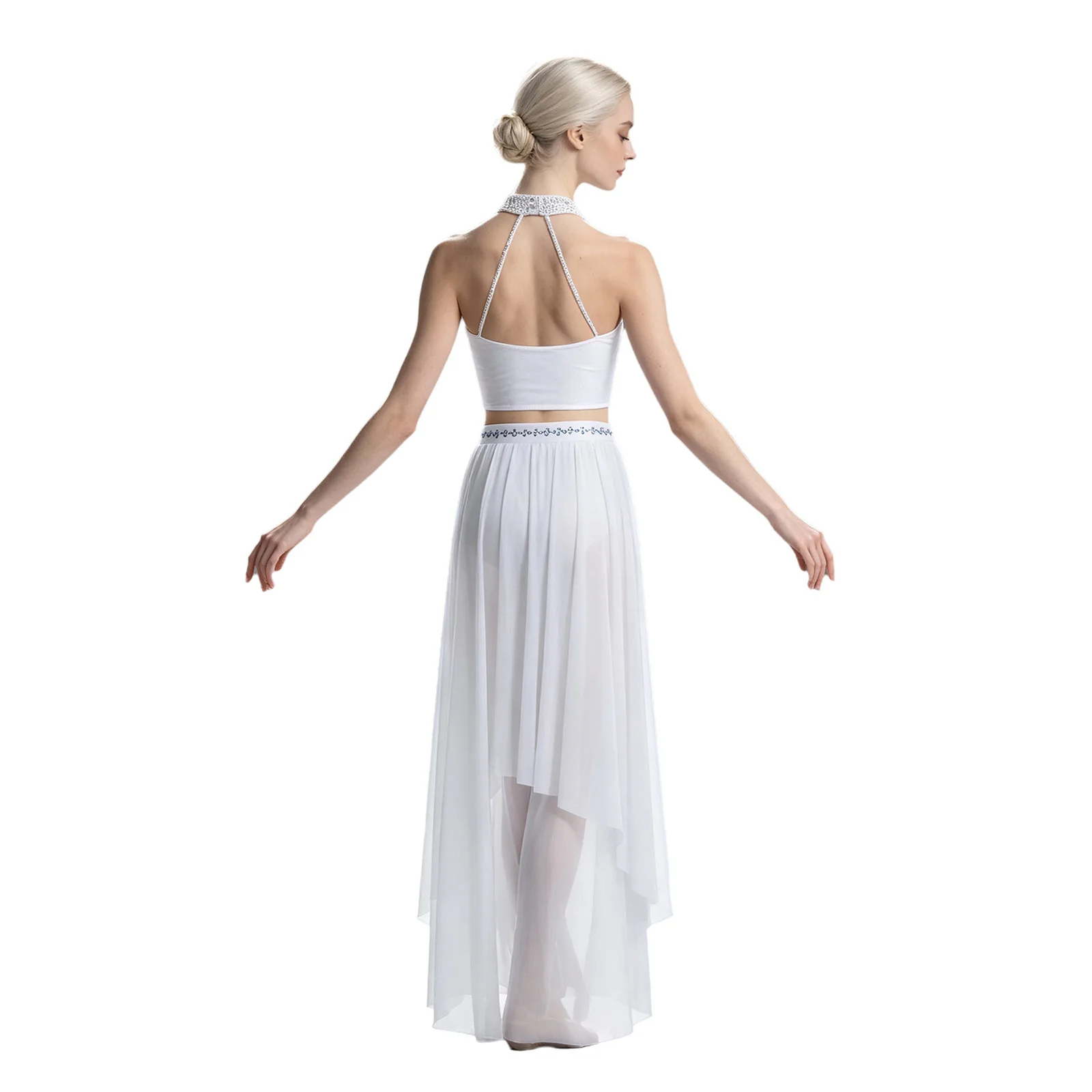 Womens Lyrical Dance Costume Ballet Skating Contemporary Dancewear Halter Backless Rhinestones Crop Top And Leotard Mesh Pants