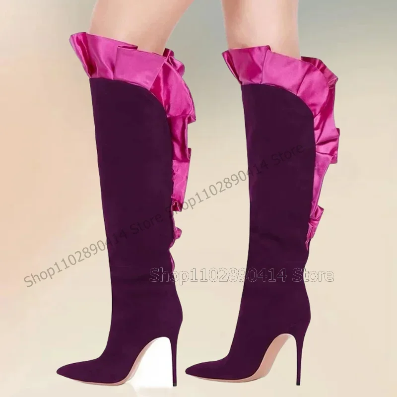 

Rose Red Falbala Design Purple Pointed Toe Boots Slip On Women Shoes Thin High Heels Fashion Banquet 2025 Zapatos Para Mujere