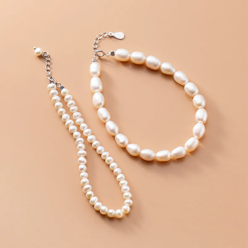 Metiseko Natural Freshwater Pearls Bracelets 925 Sterling Silver Chain Simple Elegant Matching Easily for Women Party Engagement