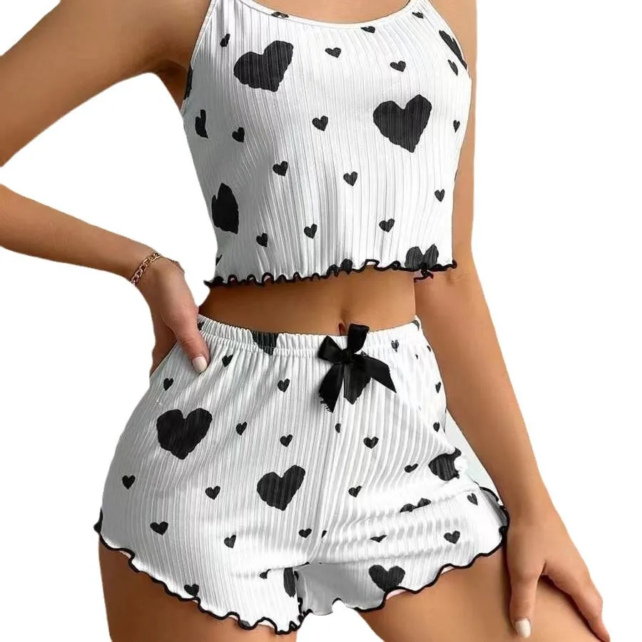 Vente chaude femmes pyjamas ensemble vêtements de nuit 2 pièces débardeurs courts et Shorts blanc ventiler doux décontracté rouge amour impression vêtements de nuit