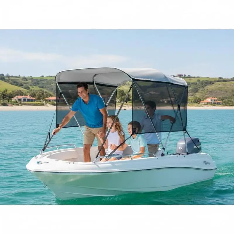 

Marine Sun Shade 6'L x 46"H x 67"-72"W For Fishing Boat Speedboat Deck Boat, Detachable Mesh Sidewalls 600D Polyester Canopy Aluminum Alloy Frame Storage Boot Support Poles Straps Light Grey