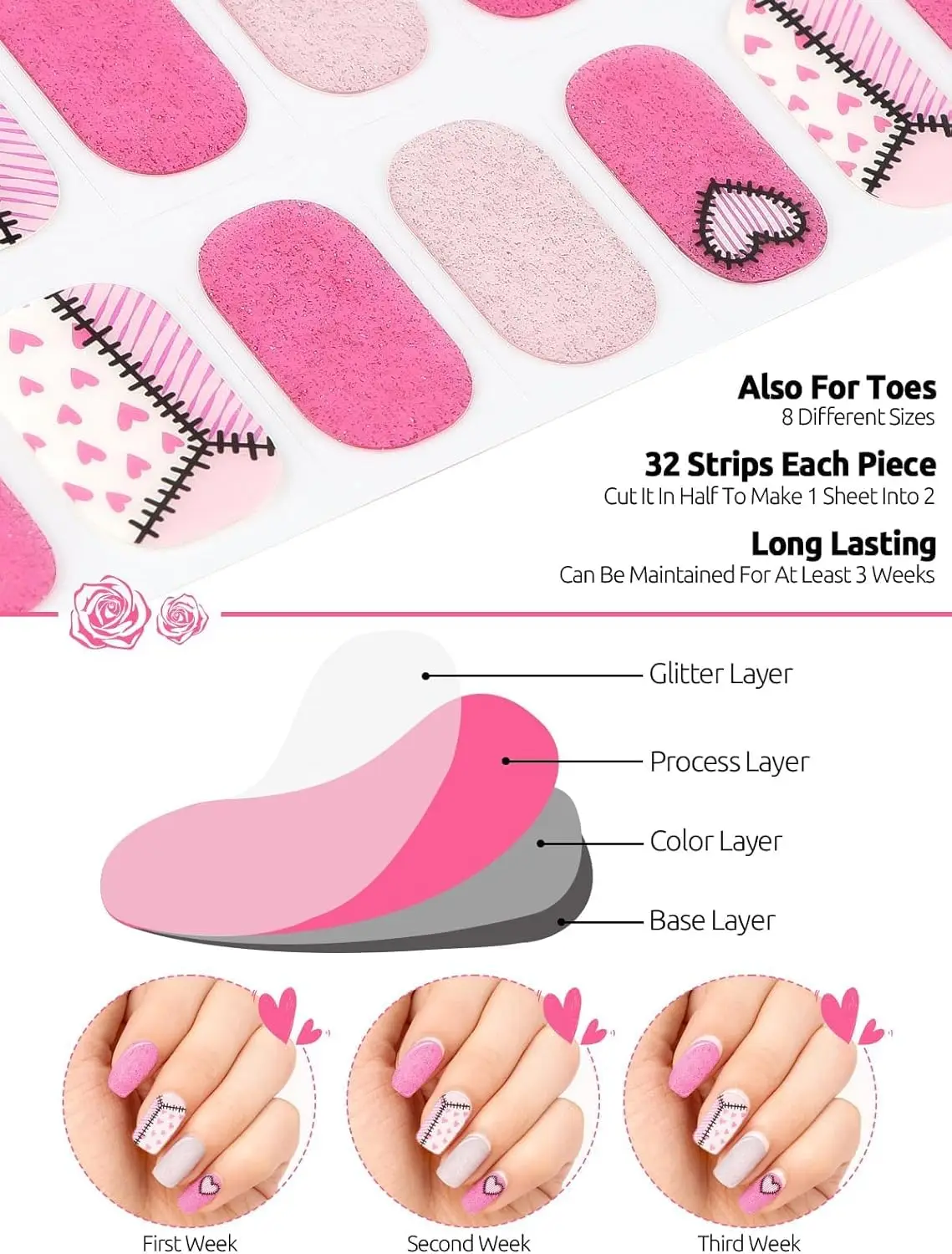 32枚入り ピンクハートネイルラップ、女性用セミキュアジェルストリップ、UV/LEDライト必要
