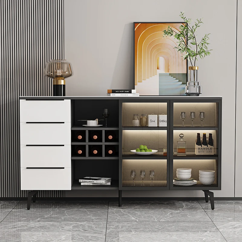 Rock plate sideboard solid wood  simple and luxurious glass door wine cabinet integrated with wall household tea cabinet