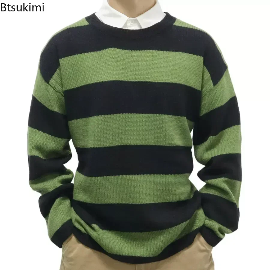 

2024 Men's Casual Thin Knitted Sweaters Retro Striped Design Pullover Sweaters Tops Loose Off-shoulder Bottoming Shirts for Men