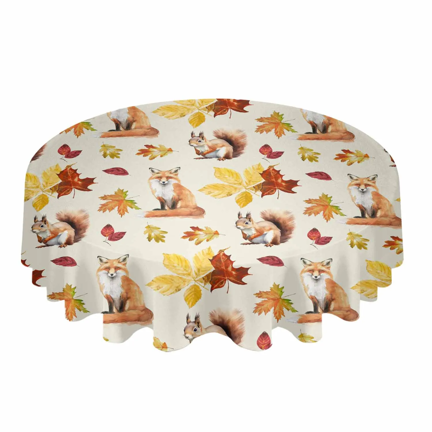 Autumn Plants Squirrel Fox Round Table Cloth Festival Dining Tablecloth Waterproof Table Cover for Wedding Party Decor