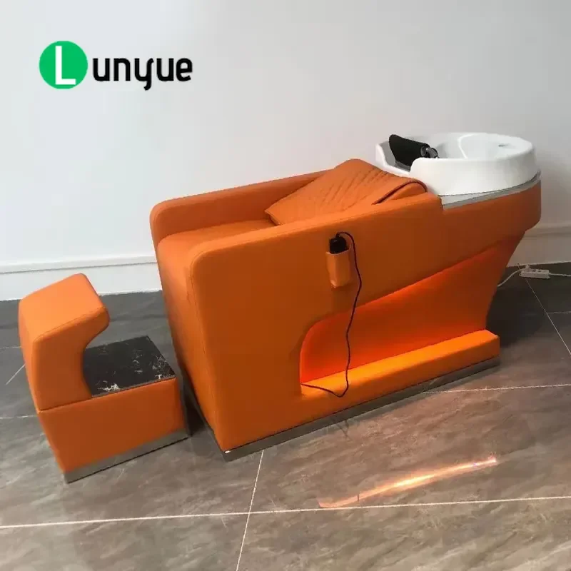 Luxury Electric Shampoo Bed Orange Gold Plated Edge Half Room Design Massage Function Hair Washing Station for Beauty