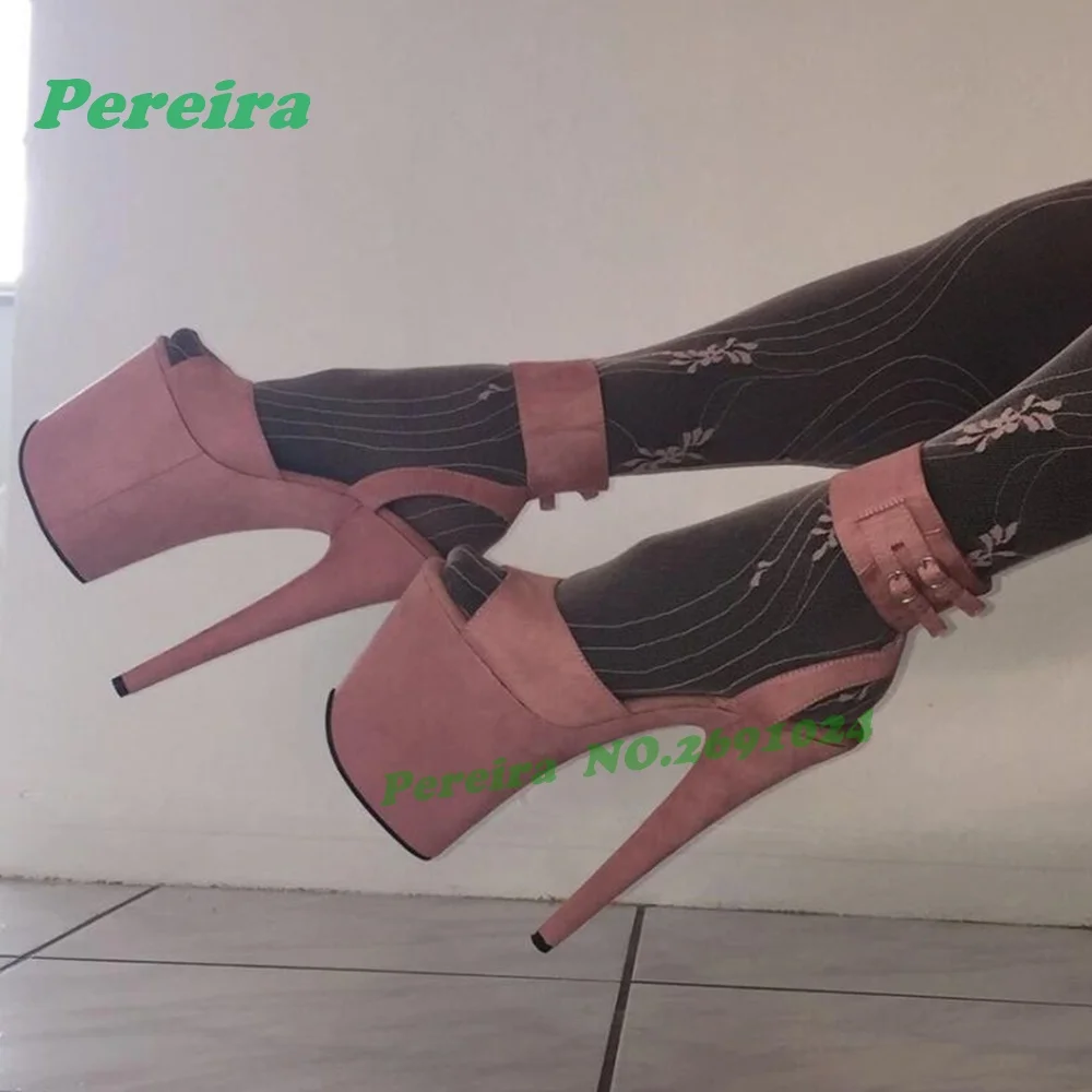 

Pink Suede Extreme Platform Stiletto Heels Double Buckle Ankle Pole Dance Party Sandals 20Cm Nightclub Sexy Shoes Peep Toe Solid
