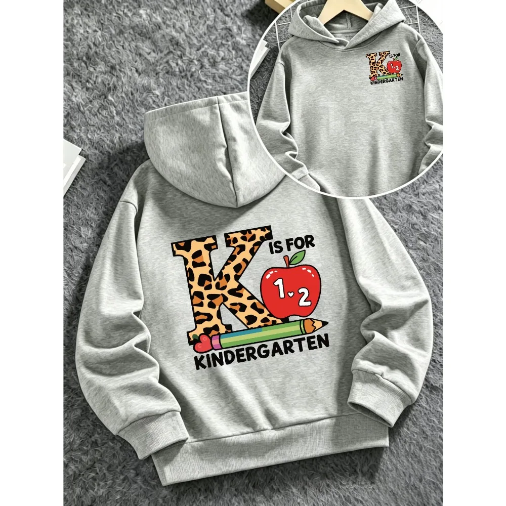 Korea Hot K Is For Kindergarten Leopard Letter Apple Graphic Hoodie Unisex Back To School Pullover Hooded Sweatshirt Loose Fit
