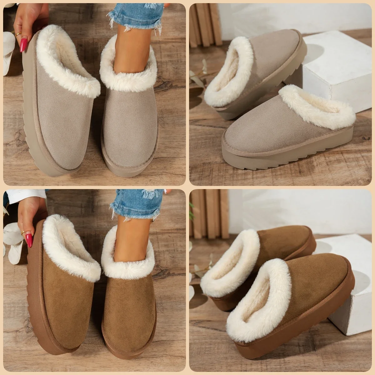 Sepatu kasual wanita musim dingin, berbulu tebal, sol tebal, anti selip untuk dalam ruangan dan hangat dengan lapisan bulu.