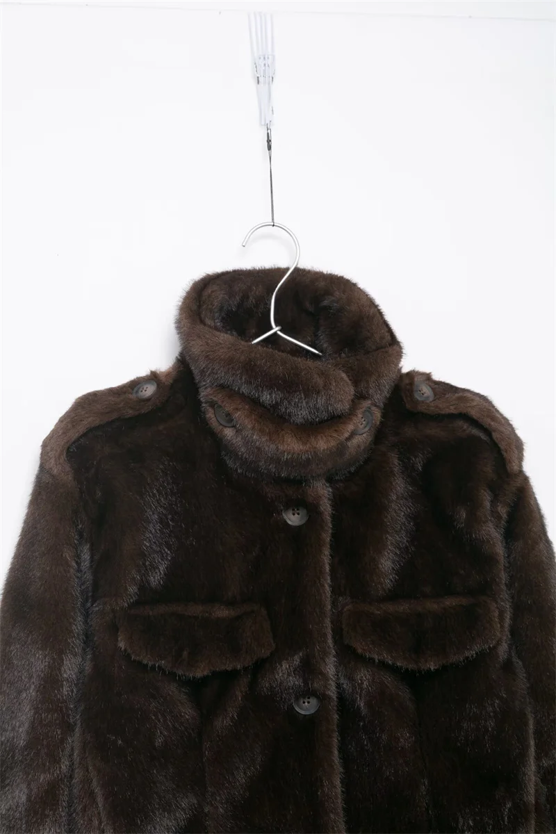 Women's Coat 2025 Winter New Deep Brown Long Sleeve Faux Fur Short Warm Jacket High-end Fashion Elegant and Stylish