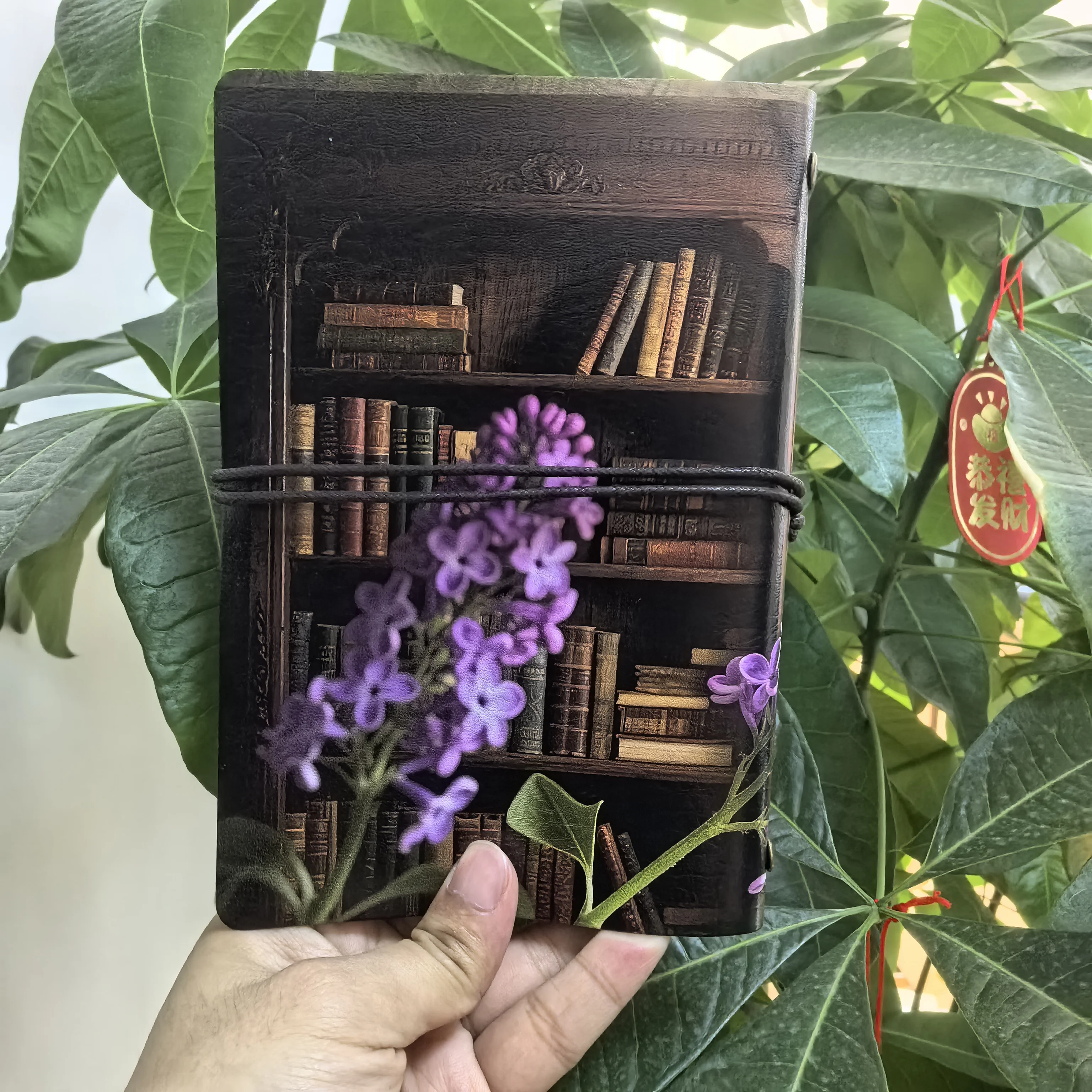 Vintage Library Dragonfly Leather Journal, Retro Lilac Flower Travel Notebook, Aesthetic String Closure Diary, Nature Book Lover