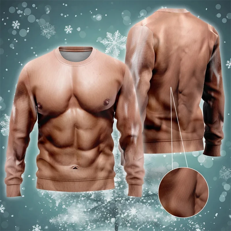 

Рождественский свитер с 3D принтом из искусственного АБС-пластика для мужчин, уличная одежда, спортивные пуловеры для спортзала, спортивный костюм для косплея с шестью растрепанными мышцами, свитер