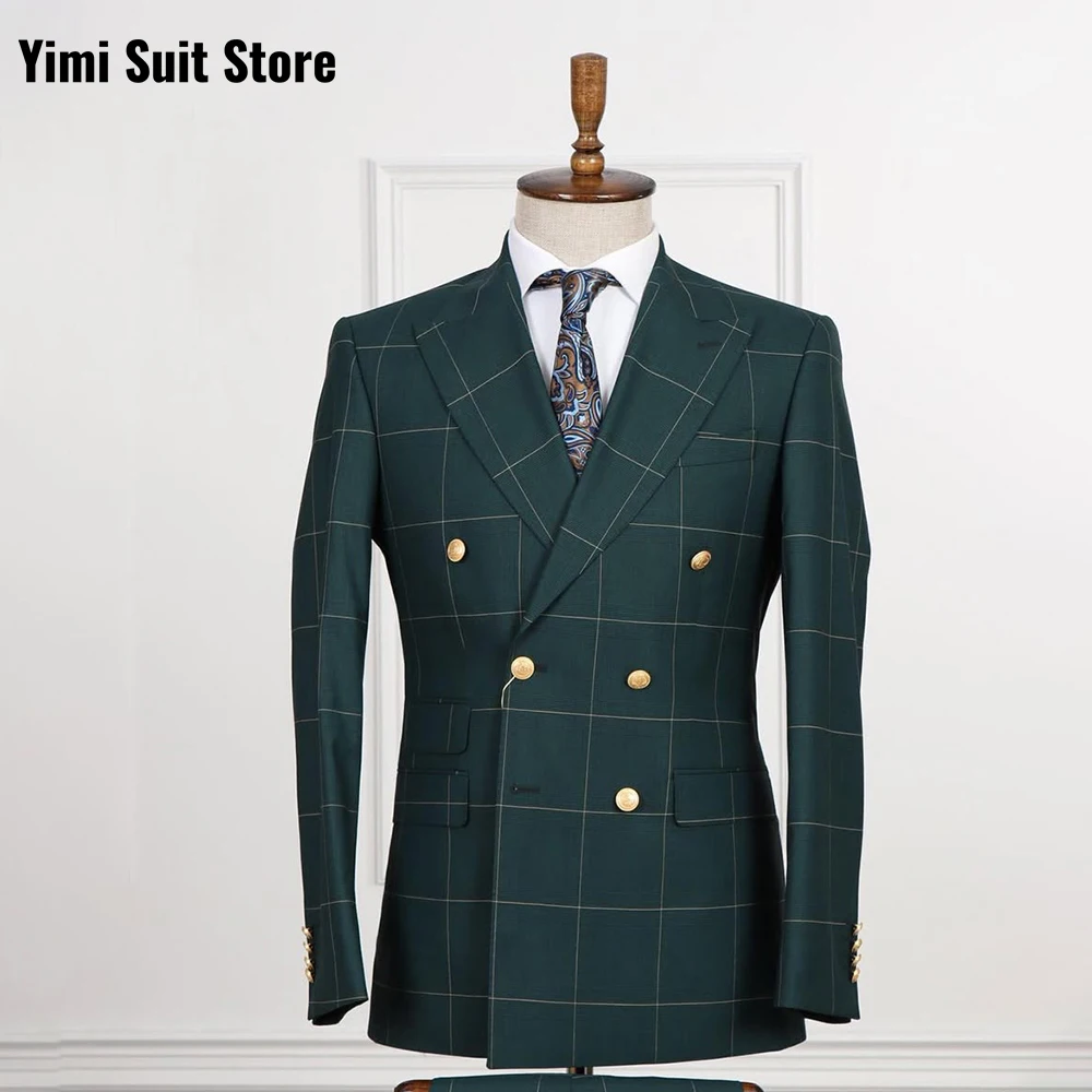 Yimi Luxury Check Plaid Double Breasted Suit for Men - Tailored Groom Wedding & Business Party Formal Outfit (Jacket + Pants)