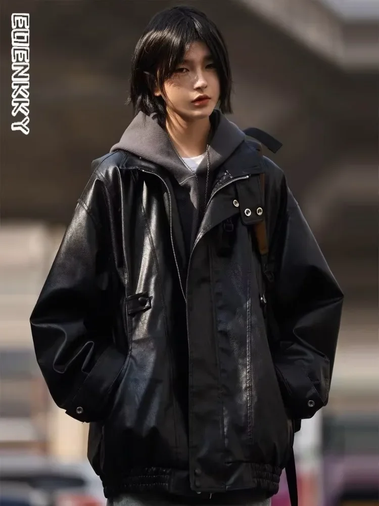 Vintage jaket kulit PU Wanita Pria musim gugur kasual gaya Korea longgar kerah berdiri Outwear Moto pengendara sepeda motor mantel baru Y2K Streetwear