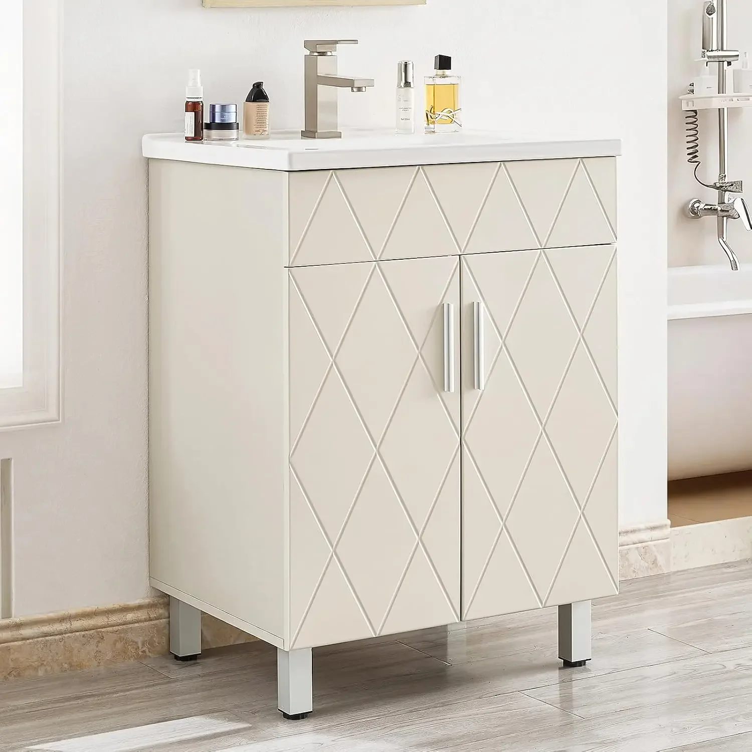 Bathroom Vanity with Sink 24 Inch, Modern Bathroom Vanity Cabinet with Ceramic Basin, Diamond Pattern Doors Soft-Close Hinges an