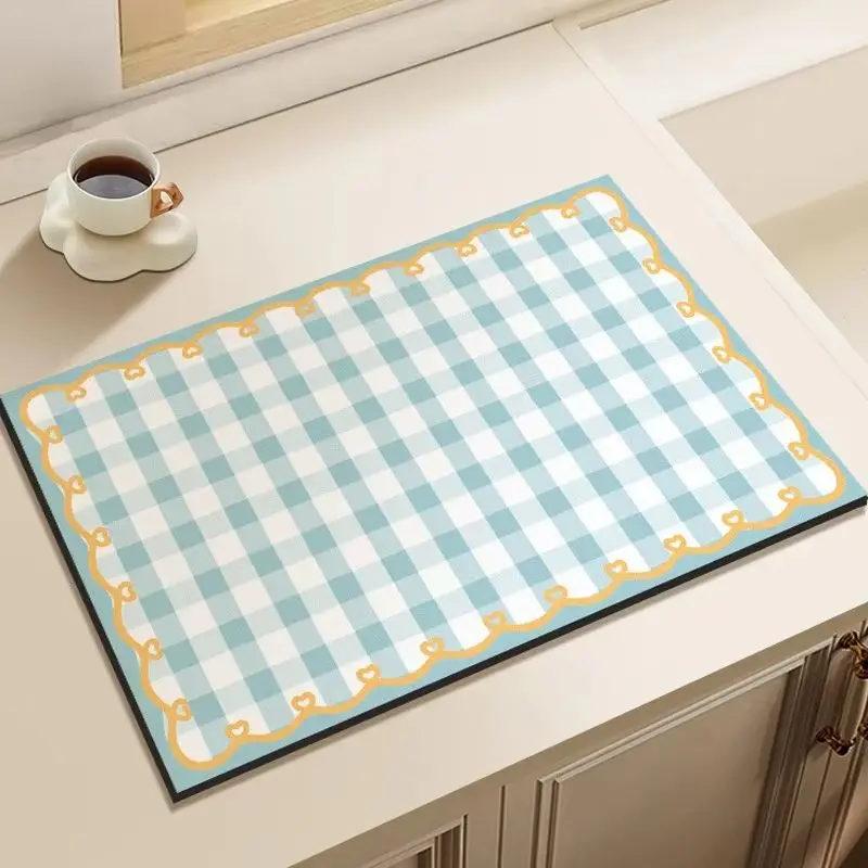 Checkered Heart-Patterned Wavy Lace Dish Rack Mat, Absorbent Countertop Mat, Coffee Table Drip Mat, Home Decor