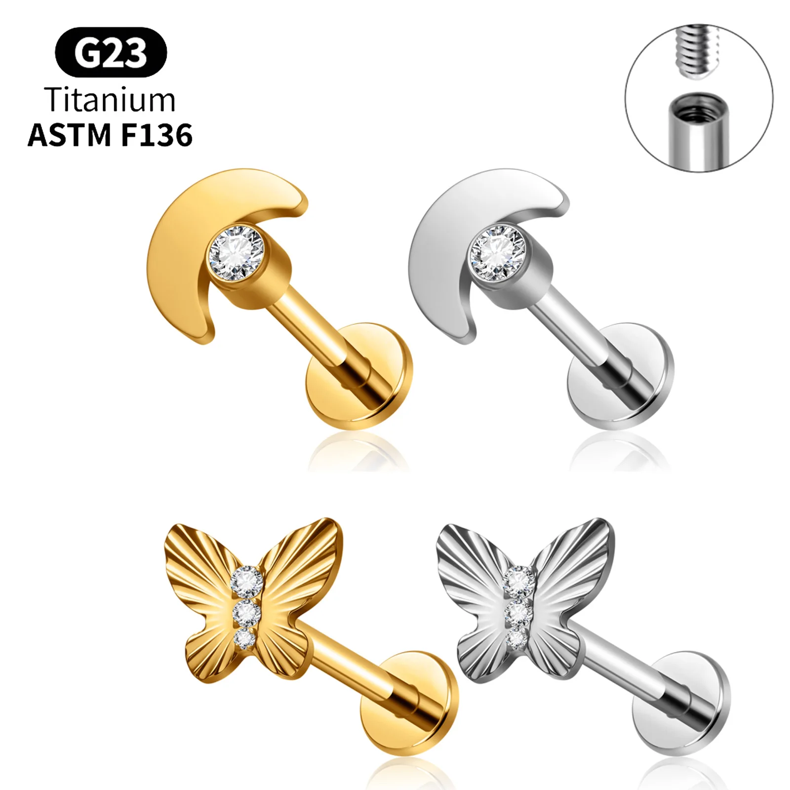 ASTM F136 G23 Titanium Internal Thread Labret Stud Moon Butterfly Zircon Cartilage Earring Tragus Helix Lip Piercing Jewelry