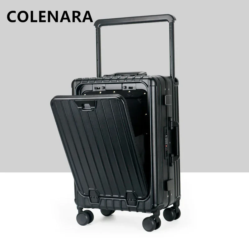 COLENARA 20 Inch Cabin Luggage Travel Bag Front Opening Laptop Boarding Case Aluminum Frame Trolley Case with Wheels Suitcase