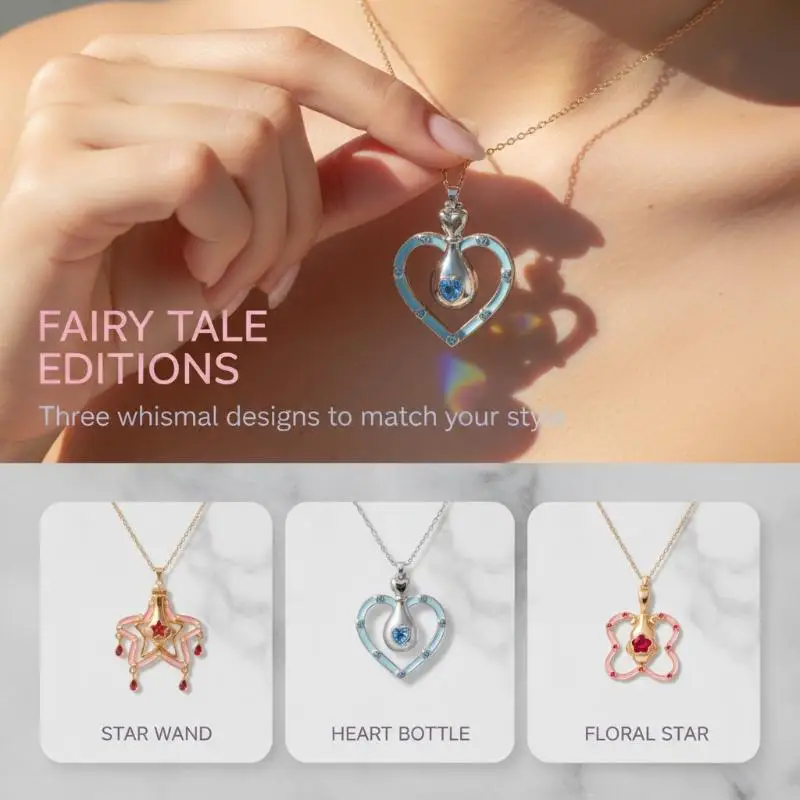 Cute Magical Girl Heart Bottle Necklace Fantasy Wand Enamel Zircon Pendant Gold Silver Chain Anime Cosplay Jewelry