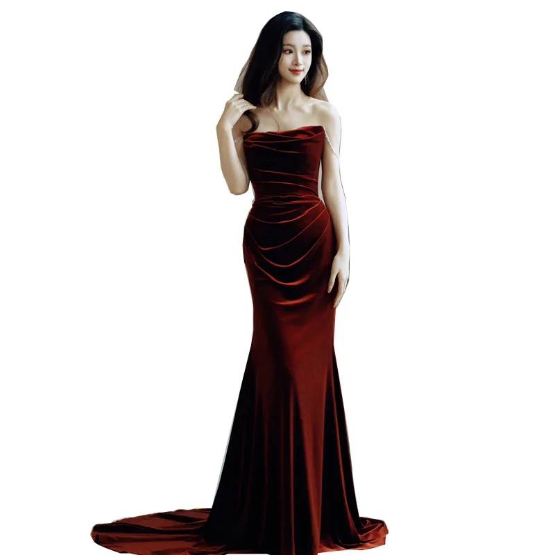 TOAST Odzież Nowa suknia ślubna w kolorze czerwonego wina wysokiej jakości aksamitna lekka luksusowa mniejszość zaręczynowa ślubna suknia wieczorowa z rybim ogonem