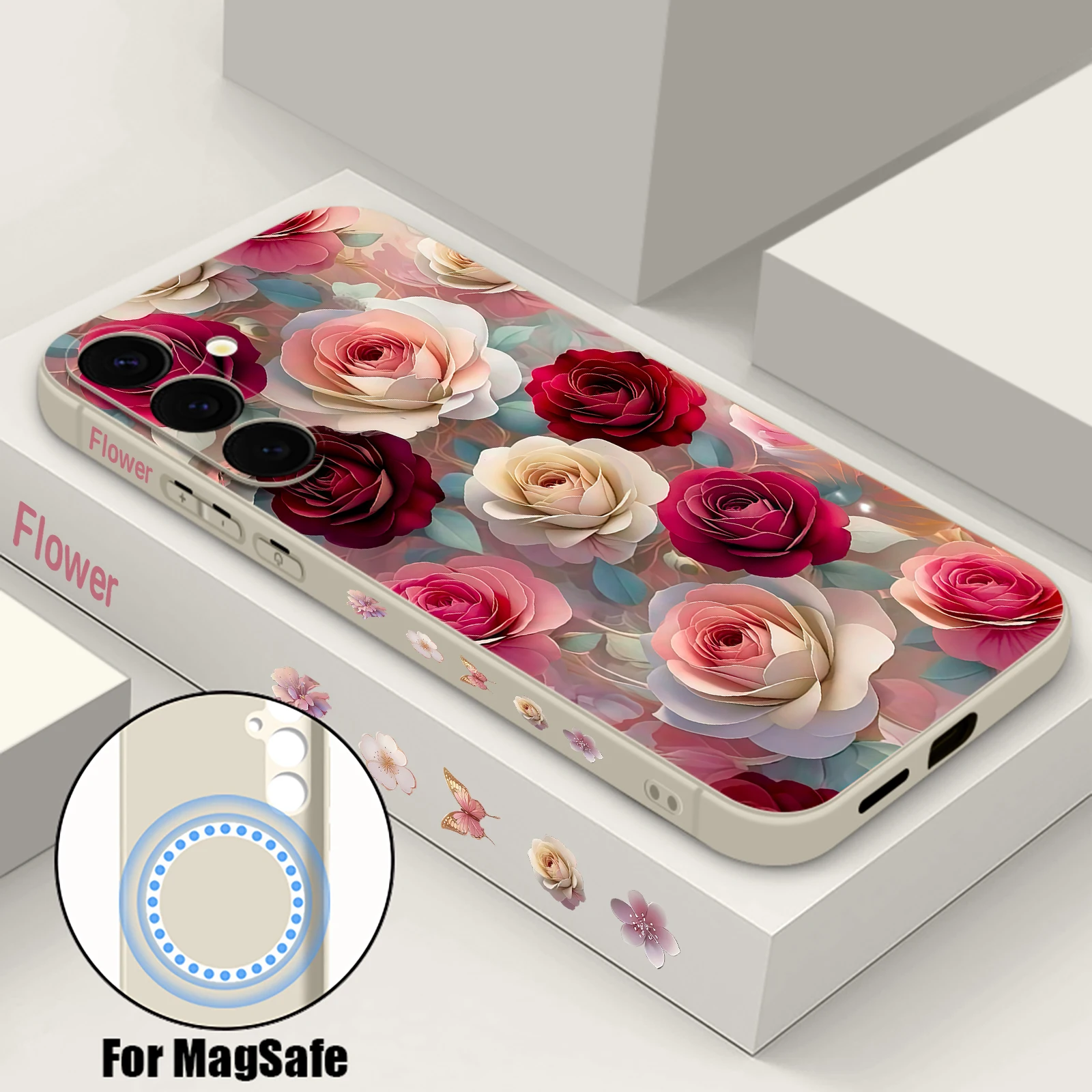 Rose Blume magnetische Handyhülle für Samsung Galaxy S25 S24 S23 Ultra S22 S21 Plus S24 FE A17 A56 A55 A16 A15 A36 weiche TPU-Abdeckung