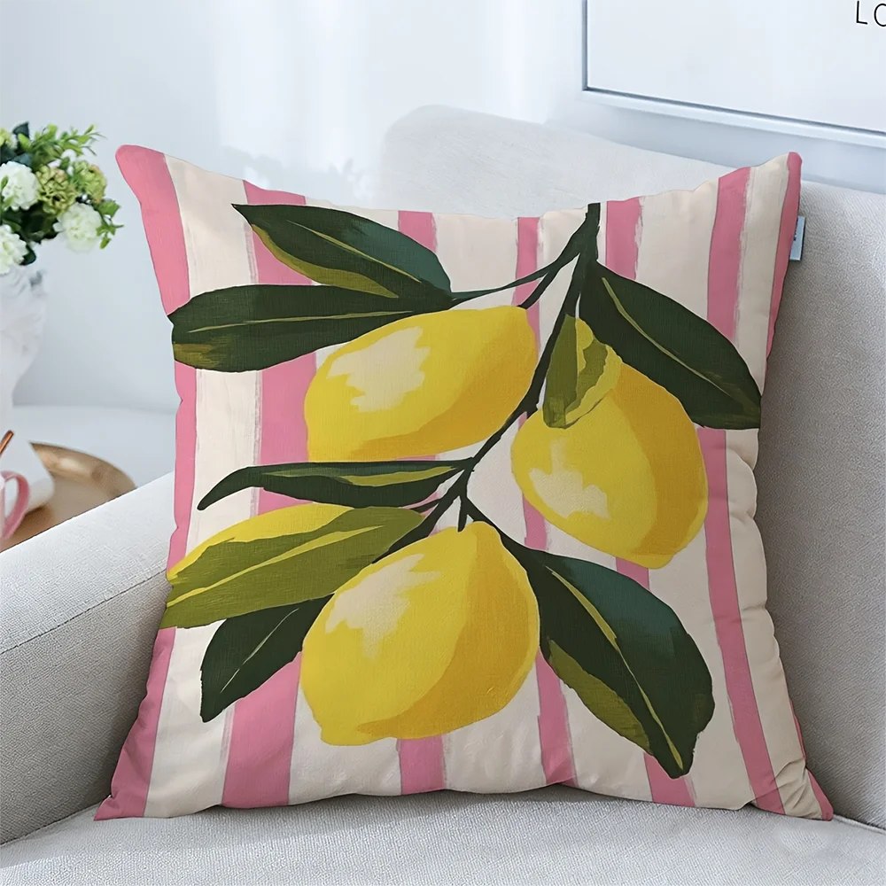 1pc Lemon Branch Print Throw Pillow Cover Pink Striped Farmhouse Decorative Cushion Case for Sofa Bedroom Living Room