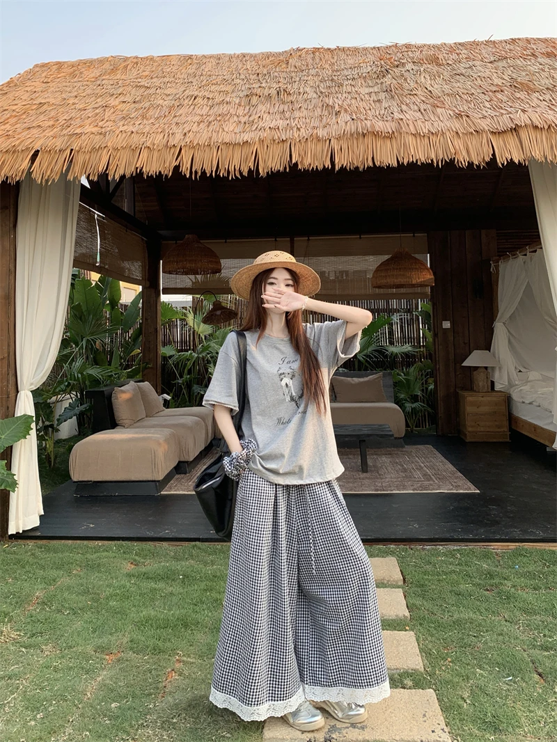 

Брюки с эффектом похудения, кружевными вставками и широкими штанинами, с высокой талией, прямого кроя, повседневные, для женщин, летние, новые, больших размеров