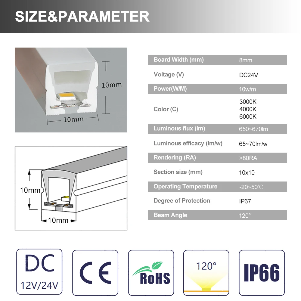 DC24V 2835 Led Neon Strip 10x10mm Flexible Silicon Tube Embedded Line Light Flexible Bendable 3000K 4000K 6000K IP67 Waterproof