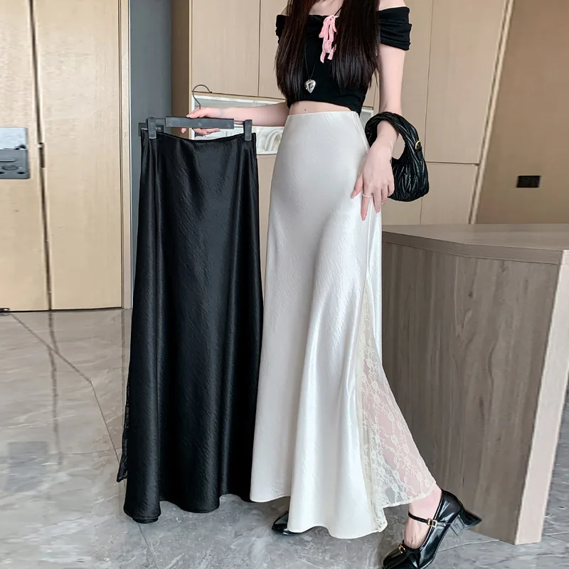 Satin-Spitzennaht-Design-Sense-Rock 2025, Sommer-Slim-A-Design-Sense-Langrock für Damen