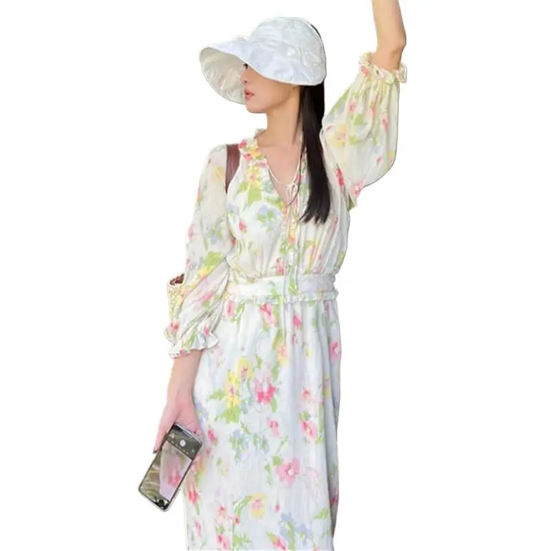 Women Allover Floral Print Tie Front Dress Fiminine Lotus leaf collar Elastic Waist A-line Fashion Lightweight Robe Vestidos