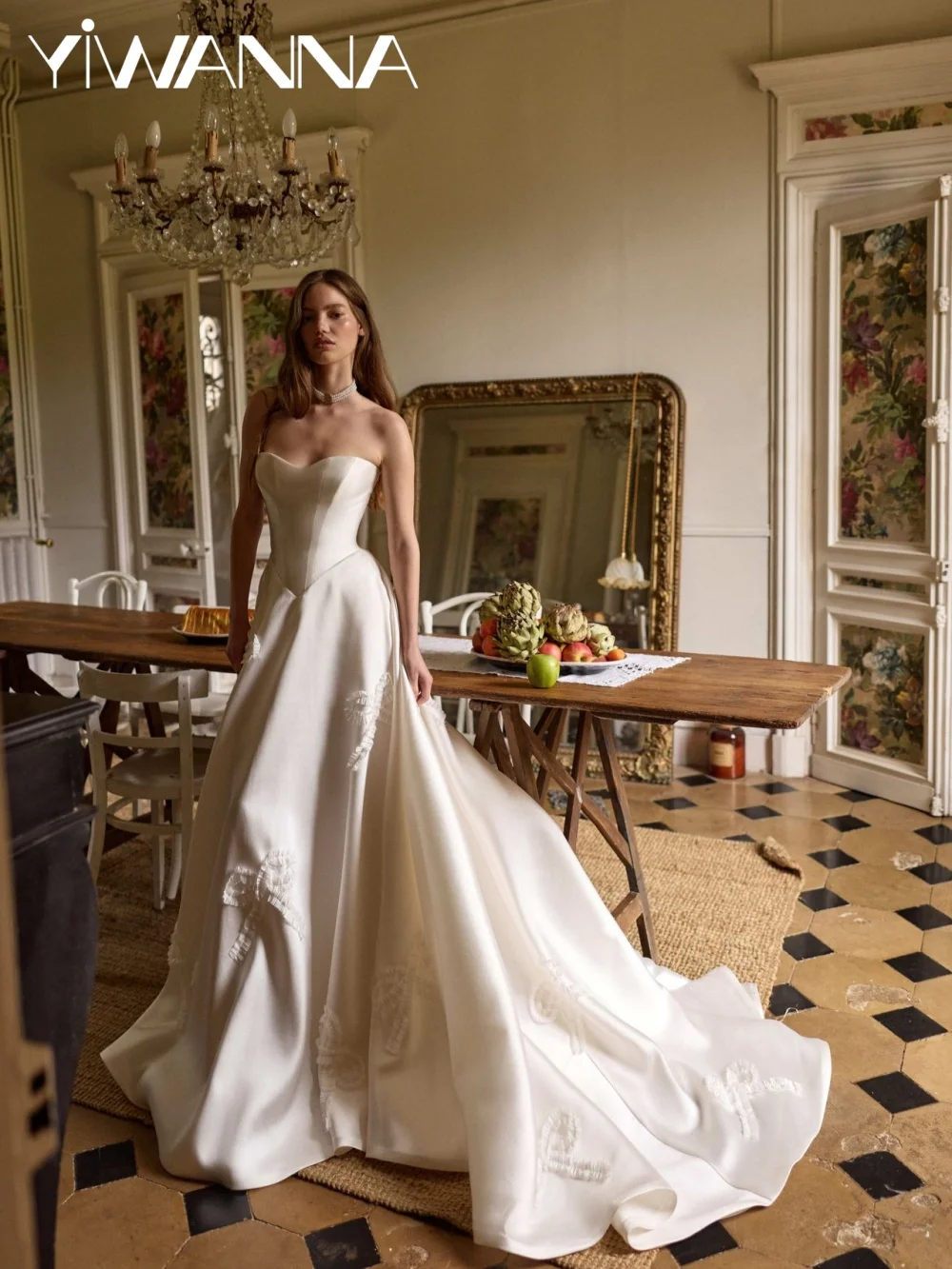 

Ivory Bow Appliques Long Wedding Dress Romantic Sweetheart Neck Bridal Gown Customized Charming A-line Satin Dresses For Bride