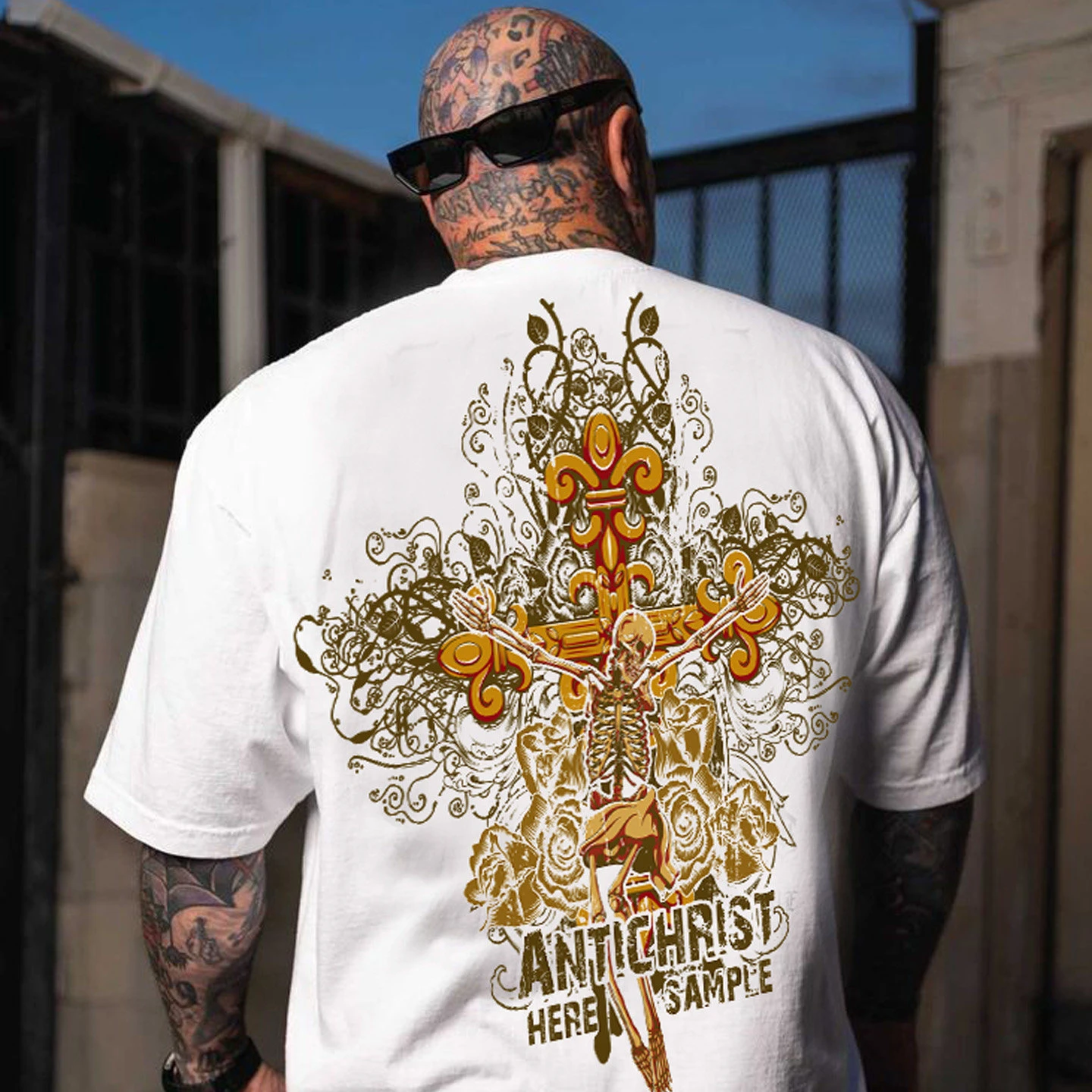 Europe and The United States High Street Cross Skull Print T-shirt Heavy Cotton Loose Big Size Rock Tide Male
