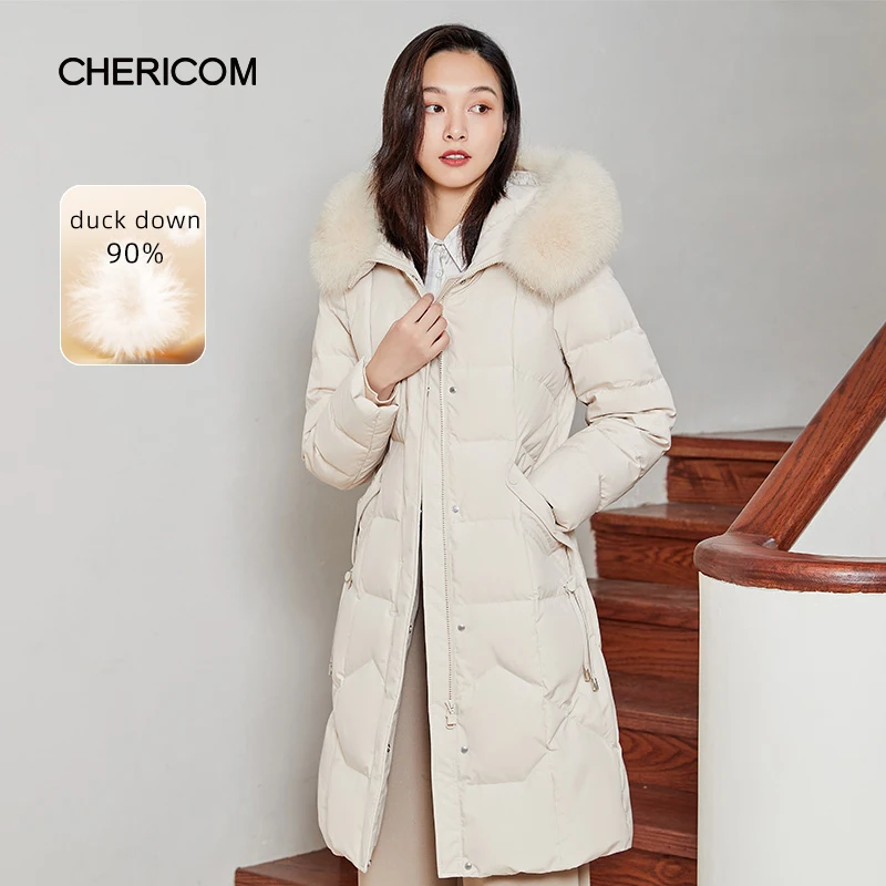 Chericom Korean Fashion Fox Fur Collar Women's Down Jacket Duck Down Thickened Warm Overcoat Winter Solid New Jackets 279220