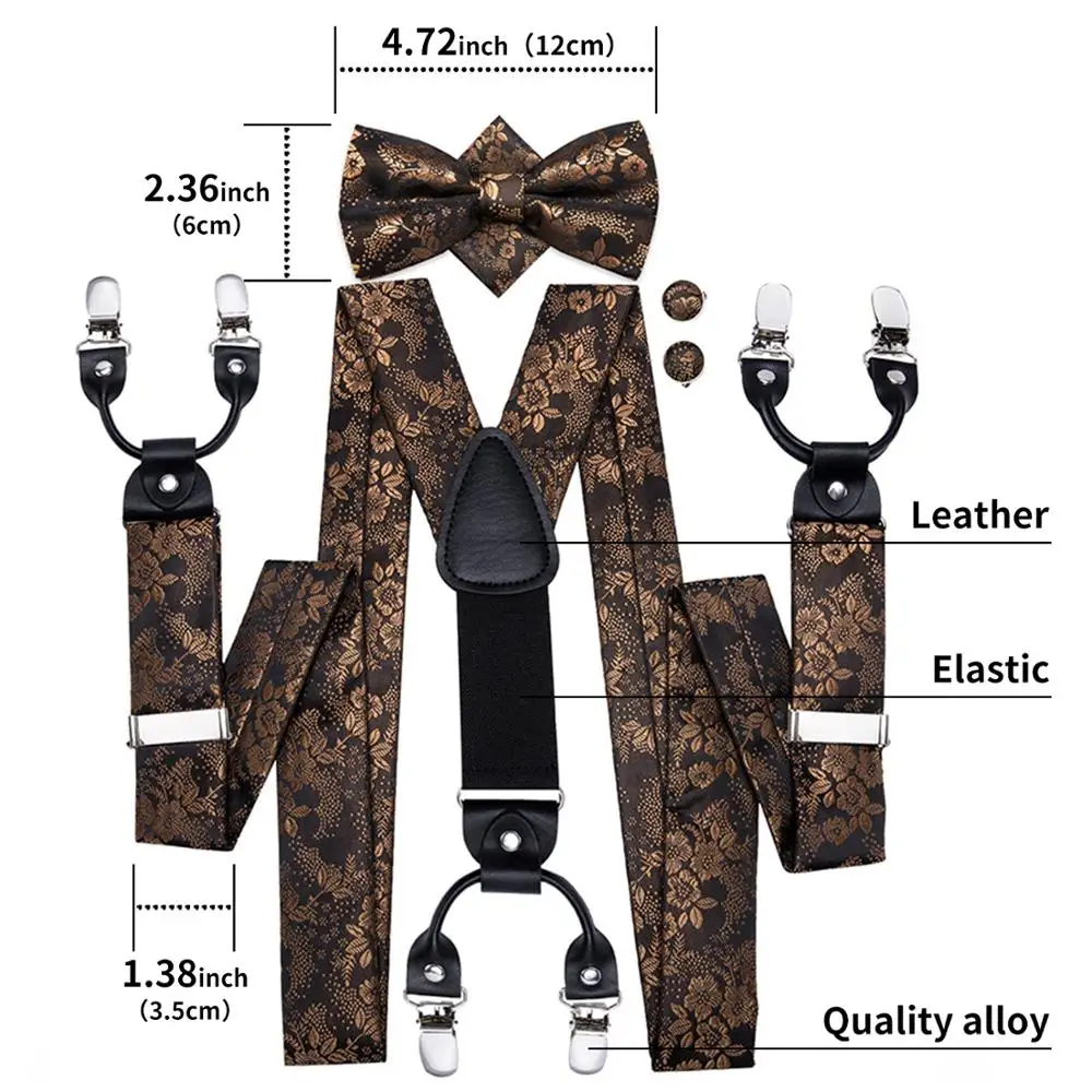 Hi-Tieผ้าไหมผู้ใหญ่ชายSuspendersชุดโลหะ6วงเล็บคลิปสีน้ำตาลทองดอกไม้วินเทจแฟชั่นผู้ชายงานแต่งงานSuspendersผู้ชาย