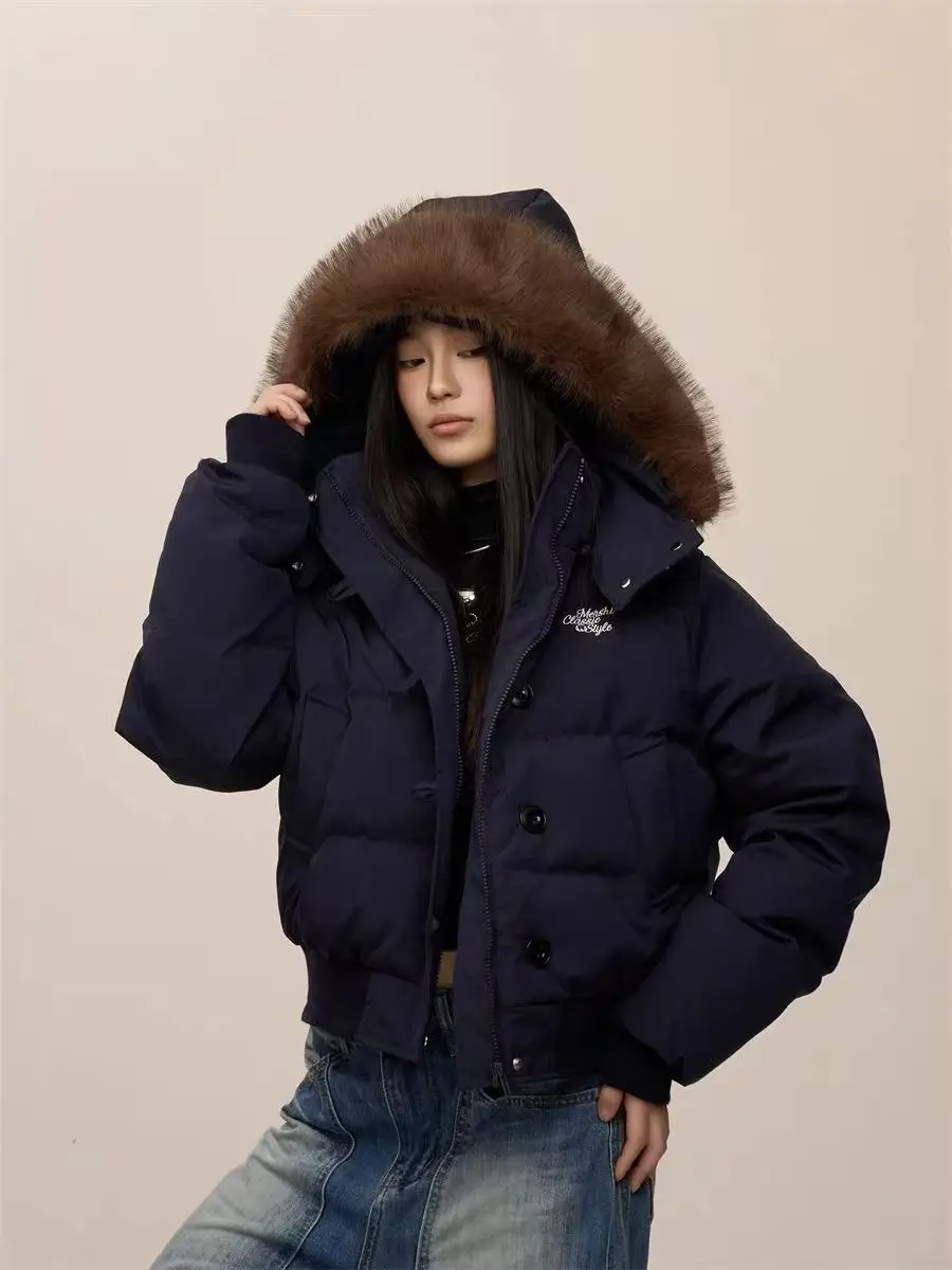 Veste courte en duvet de coton pour femme, coupe ample, avec chapeau détachable et col en fourrure, vêtements d'extérieur chauds et épais, amincissant, à la mode, hiver
