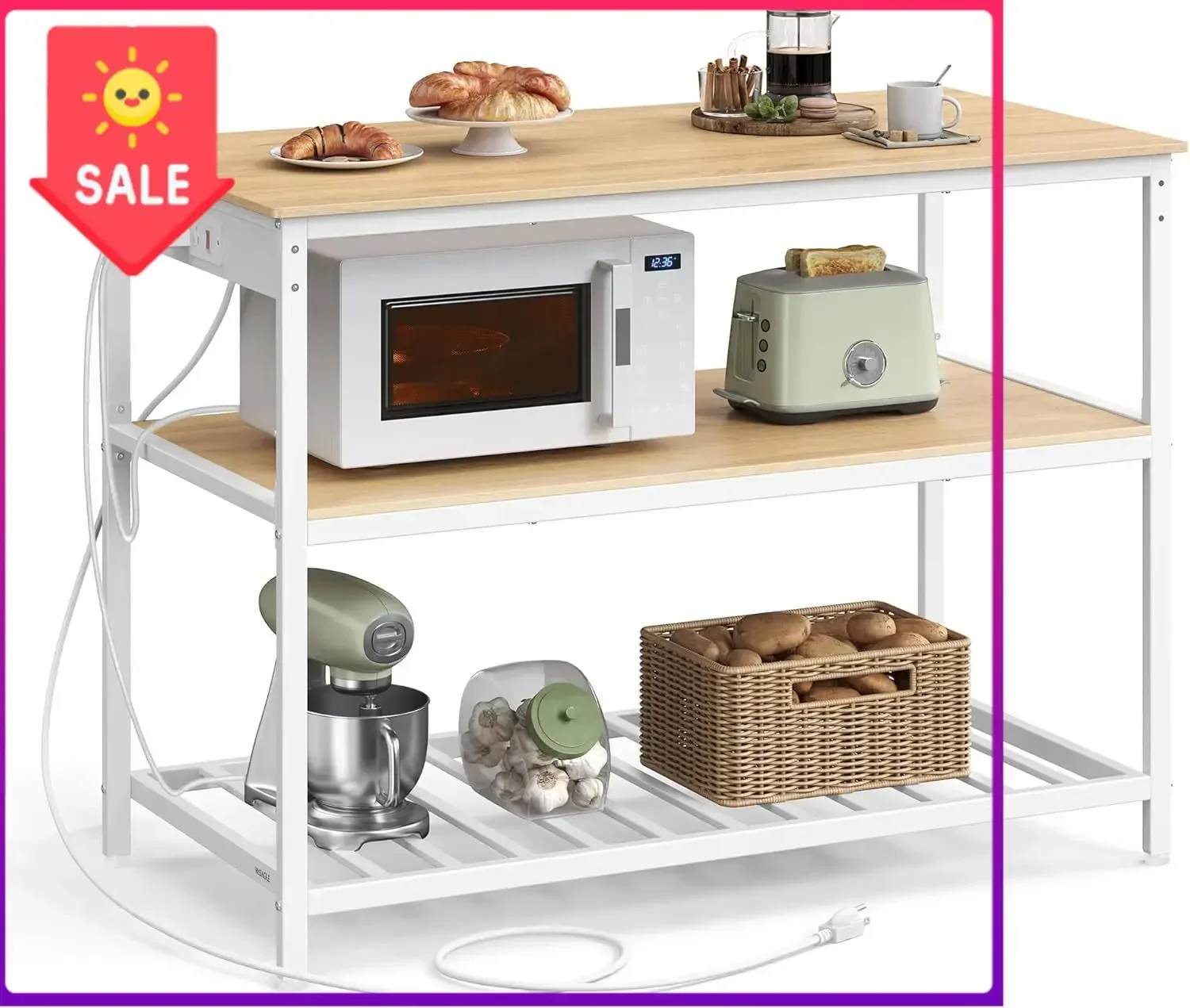 BestsellerKitchen Island with 3 Shelves, Kitchen Shelf with Power Strip, 23.6 x 47.2 x 34.9 Inches, Large Worktop, Steel Structu